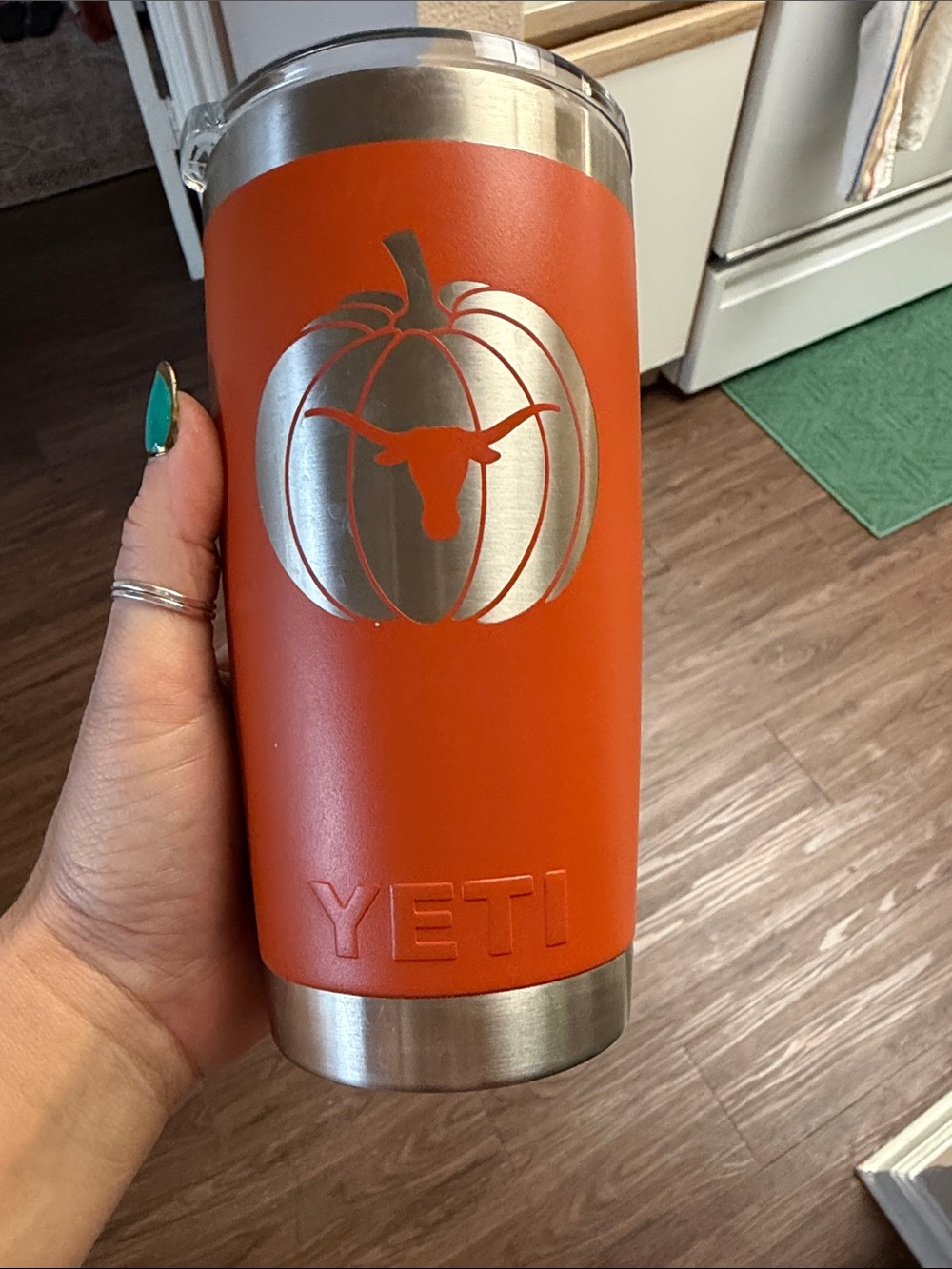 Yeti Orange Tumbler with Silver Pumpkin and Longhorn Emblem